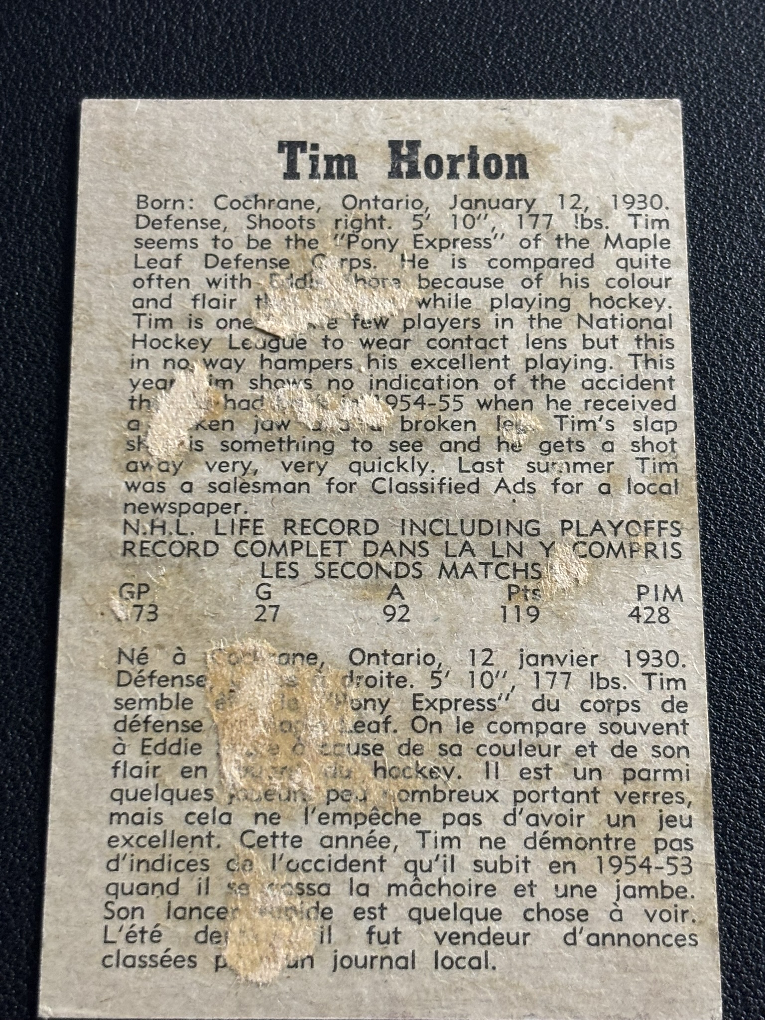 1958-59 Parkhurst Base — Tim Horton · #42 · #42 — Verso