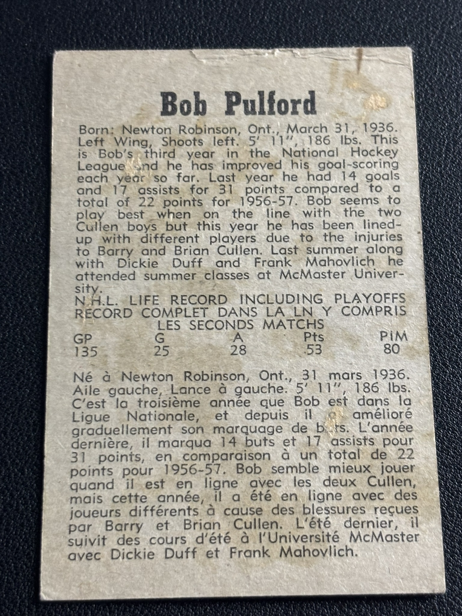 1958-59 Parkhurst Base — Bob Pulford · #45 · #45 — Verso