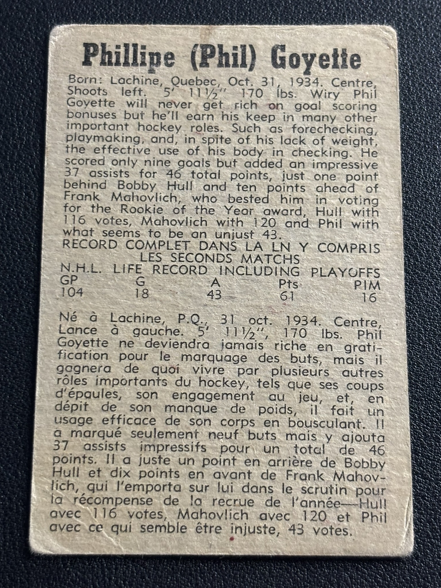 1958-59 Parkhurst Base — Phil Goyette · #47 · #47 — Verso
