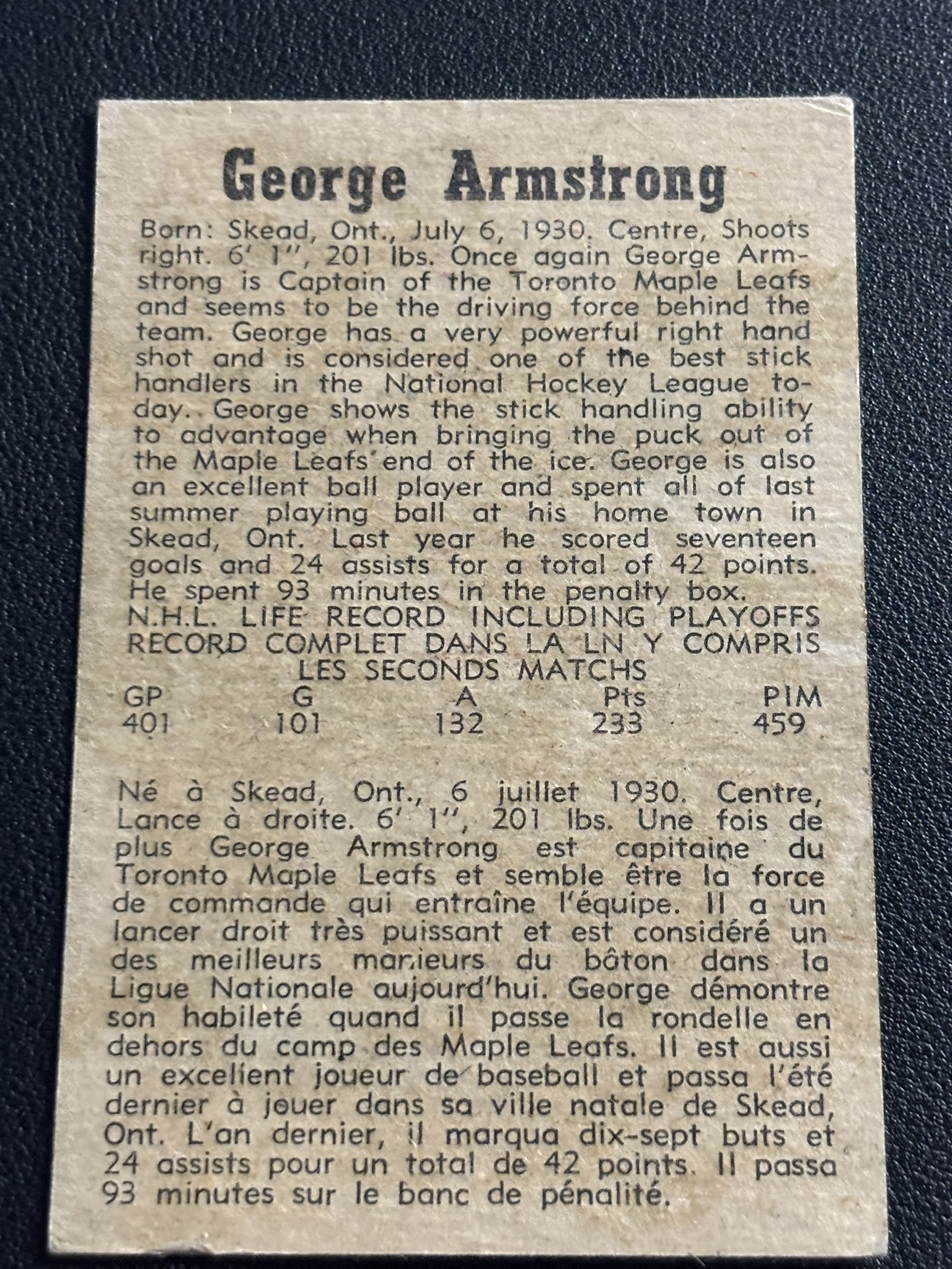1958-59 Parkhurst Base — George Armstrong · #48 · #48 — Verso
