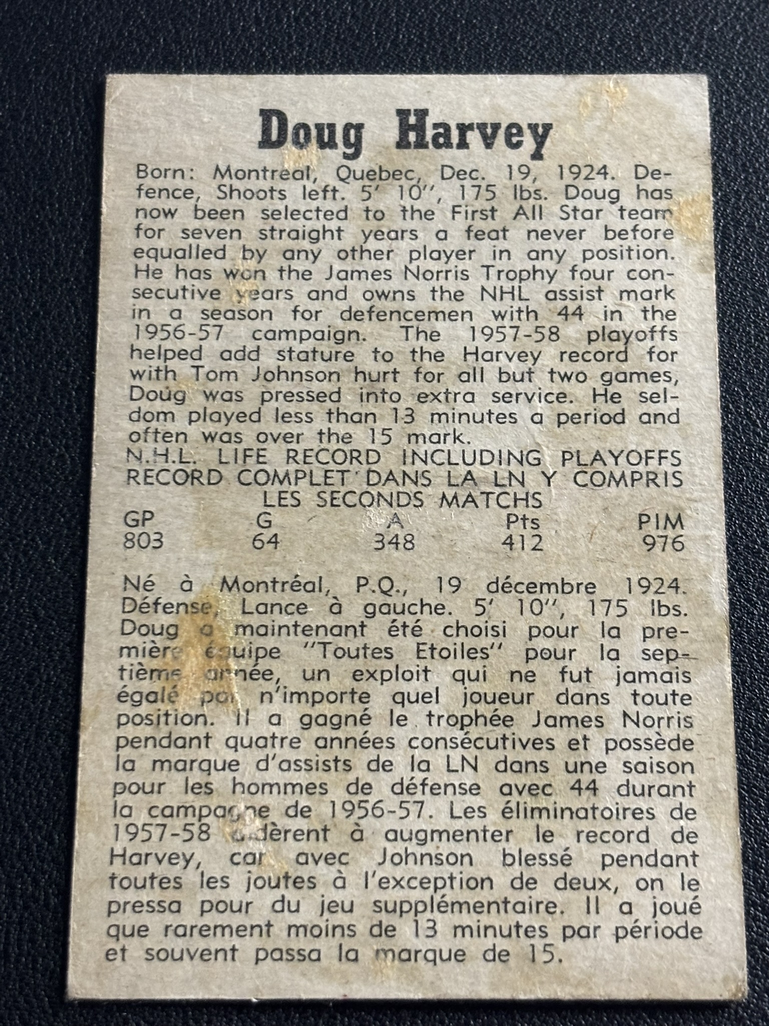 1958-59 Parkhurst Base — Doug Harvey · #49 · #49 — Verso