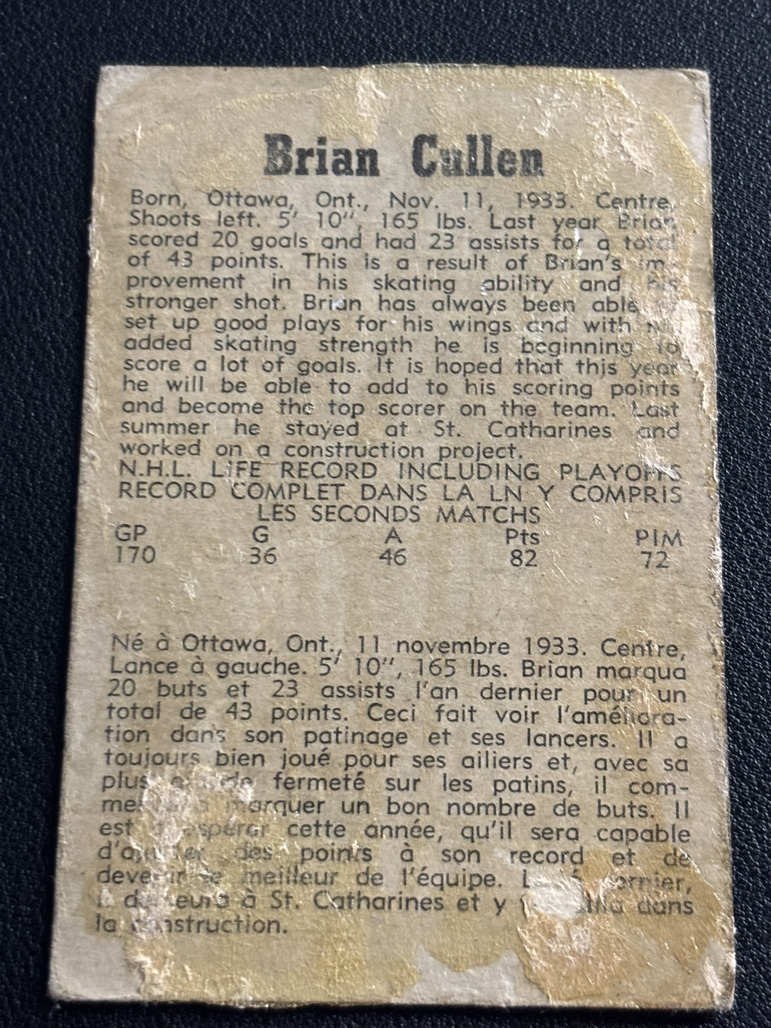 1958-59 Parkhurst Base — Brian Cullen · #50 · #50 — Verso